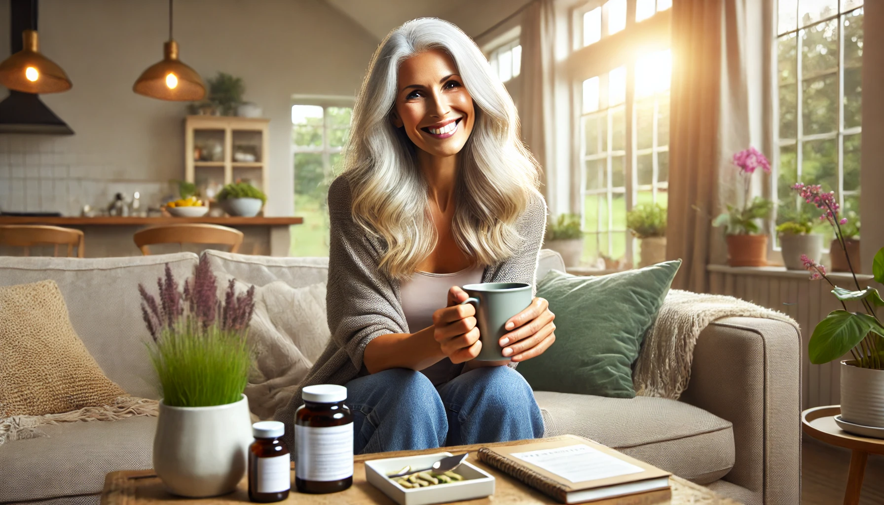 A confident middle-aged woman holding a mug of tea in a cozy living room, surrounded by wellness items and natural light, symbolizing health and empowerment during menopause.