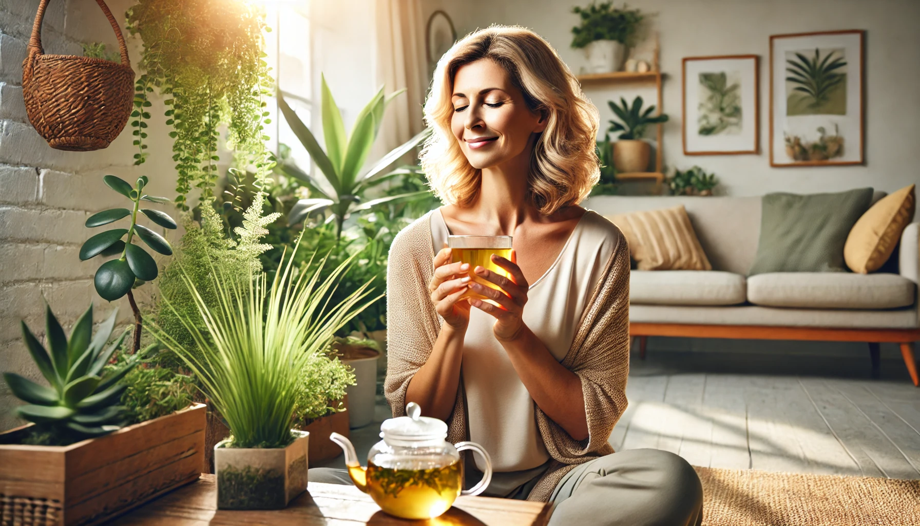 A middle-aged woman enjoying a moment of peace with herbal tea, symbolizing the calming and rejuvenating effects of plant-based menopause supplements.