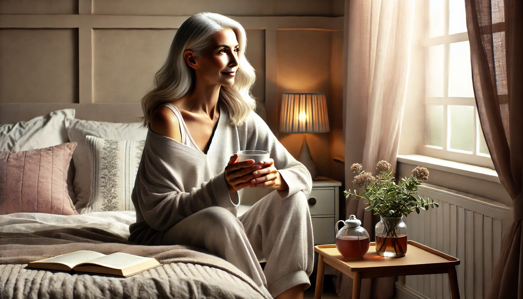 A 50-year-old woman sitting on a bed with a cup of tea, smiling softly, symbolizing tranquility, self-care, and embracing menopause with confidence.