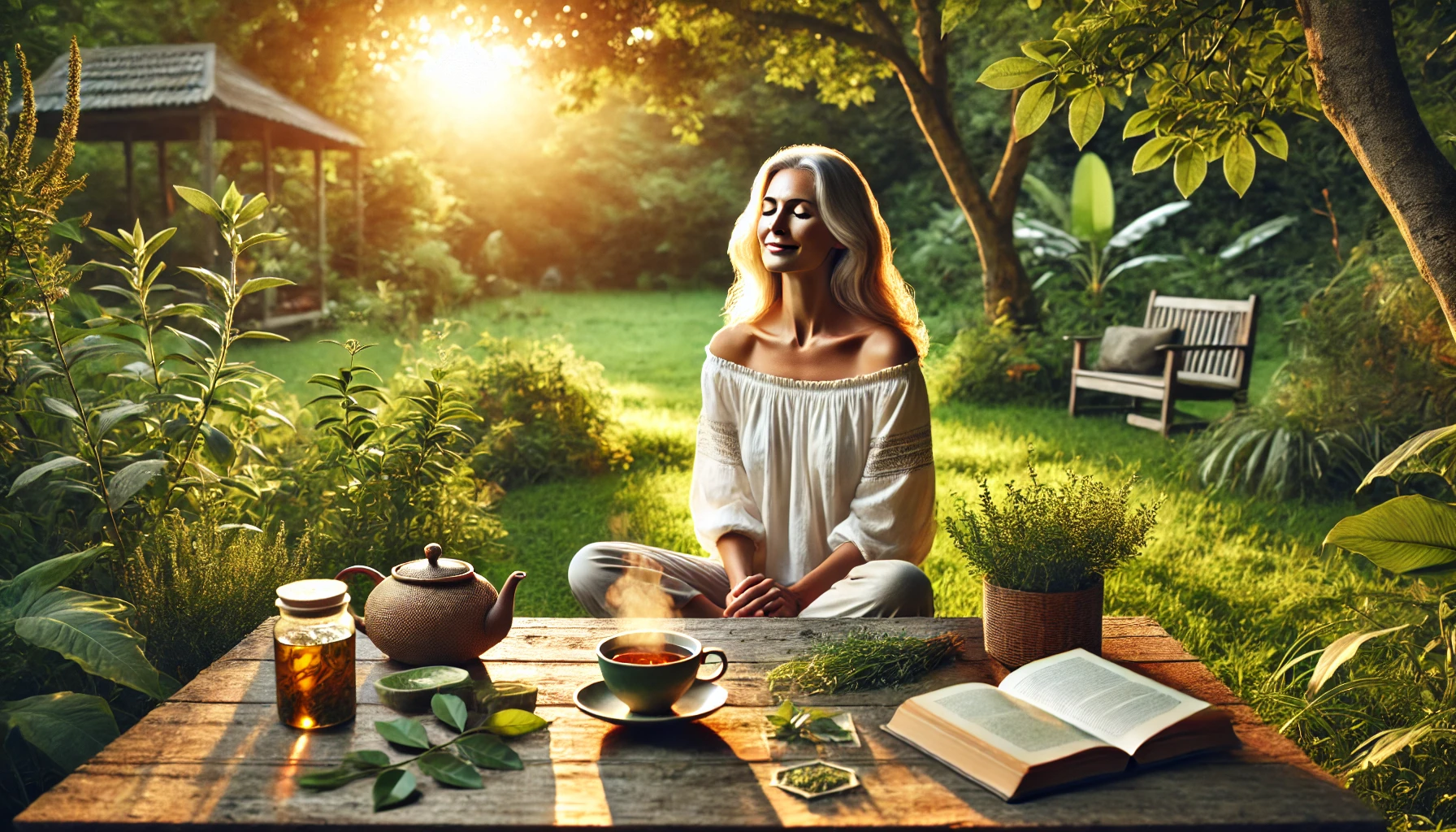 A serene midlife woman sitting in a sunlit green garden, surrounded by calming elements like an open book and a cup of herbal tea, symbolizing renewal and peace.