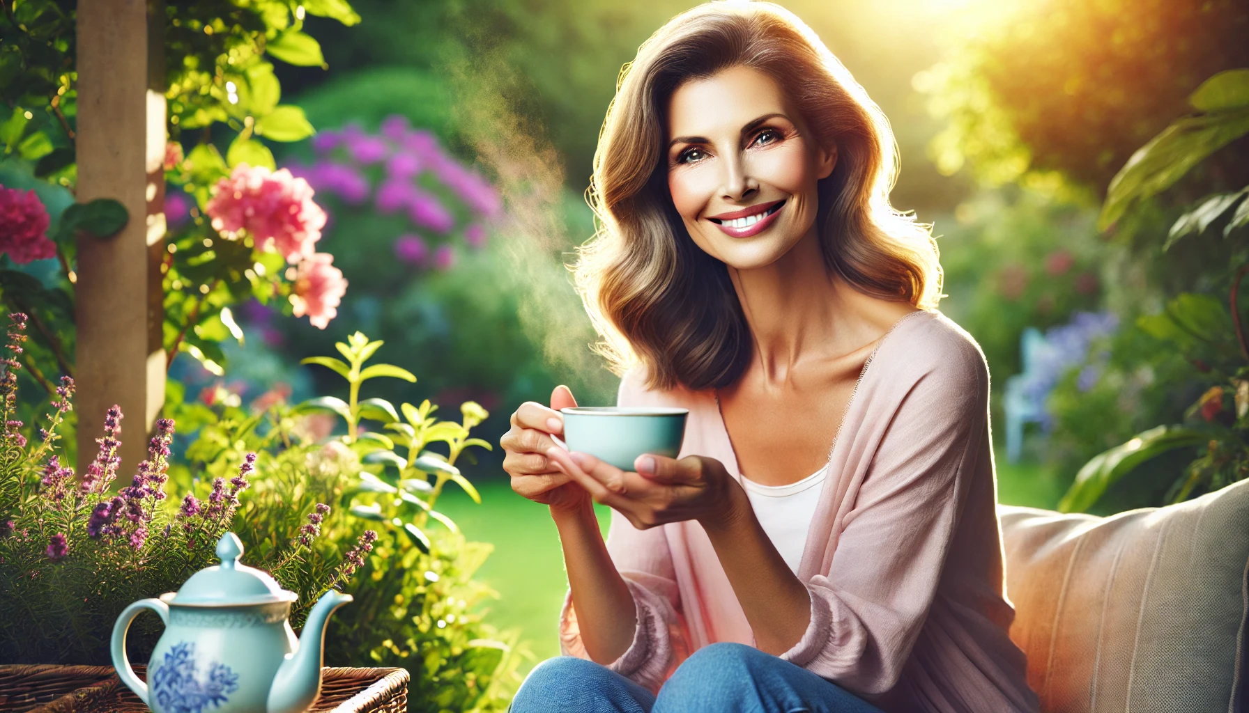 A radiant midlife woman with glowing skin smiles confidently while sitting outdoors in a lush garden, holding a steaming cup of tea, symbolizing health and vitality.